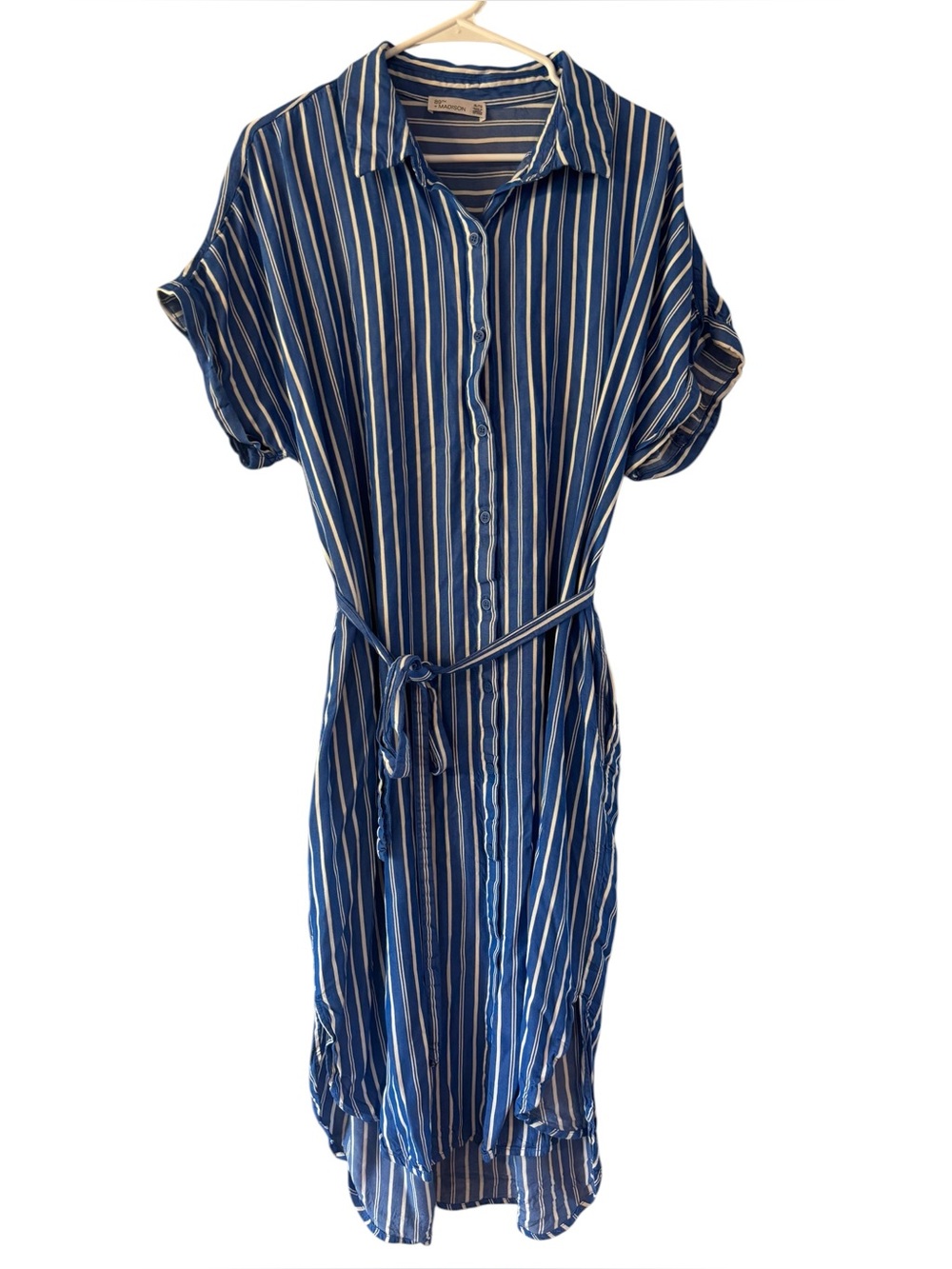 89th & Madison Women's Blue/White Stripe Short Sleeve Belted Shirt Dress Size XL